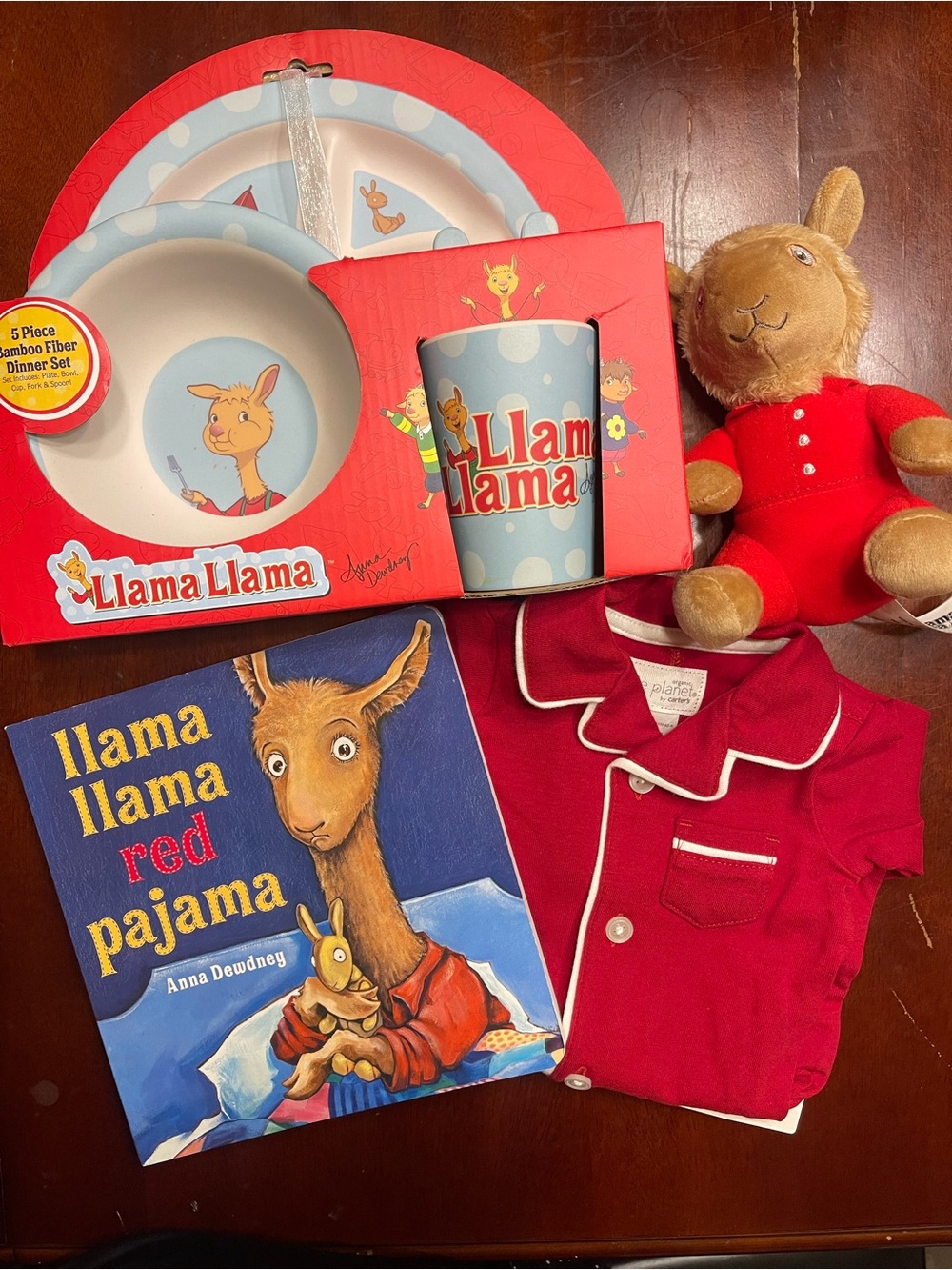 Kids Red Pajama Set with Plush & Dinner Set